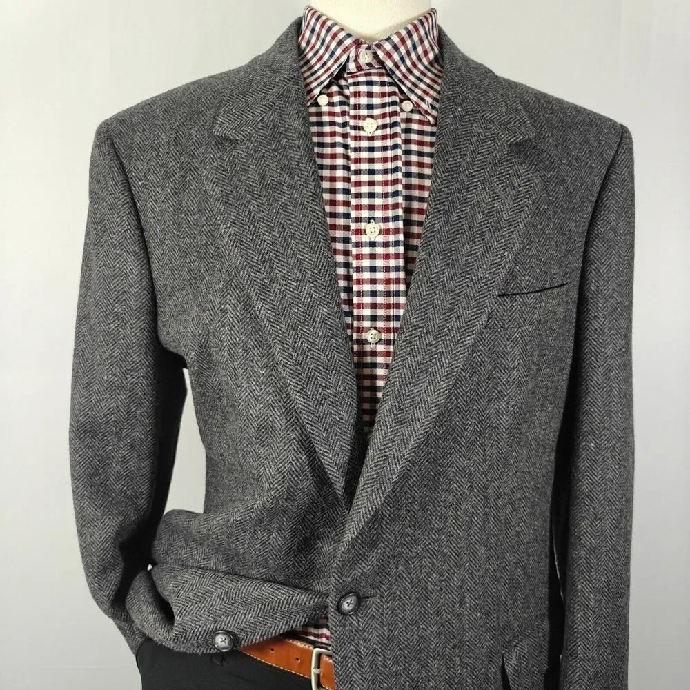 John Alexander‎ Hart Marx Men's Tweed Sport Coat Two Button Gray Herringbone 44L